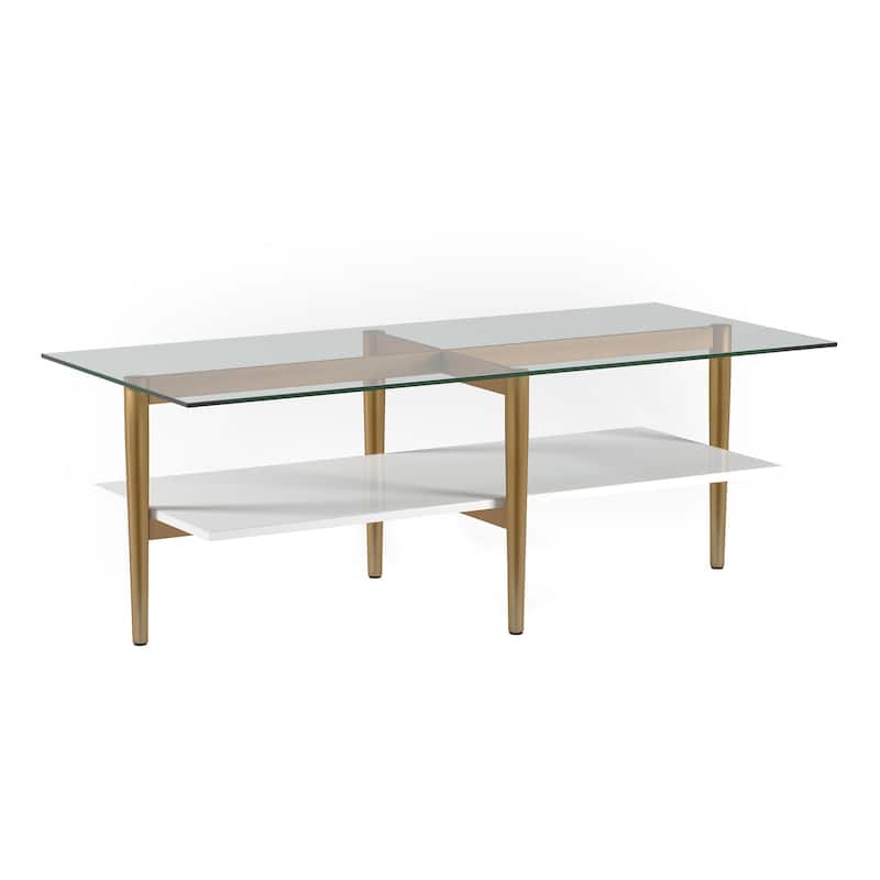 47" Gold Glass Coffee Table with Steel Base and Storage Shelf for Living Room - 47” x 22” x 17”