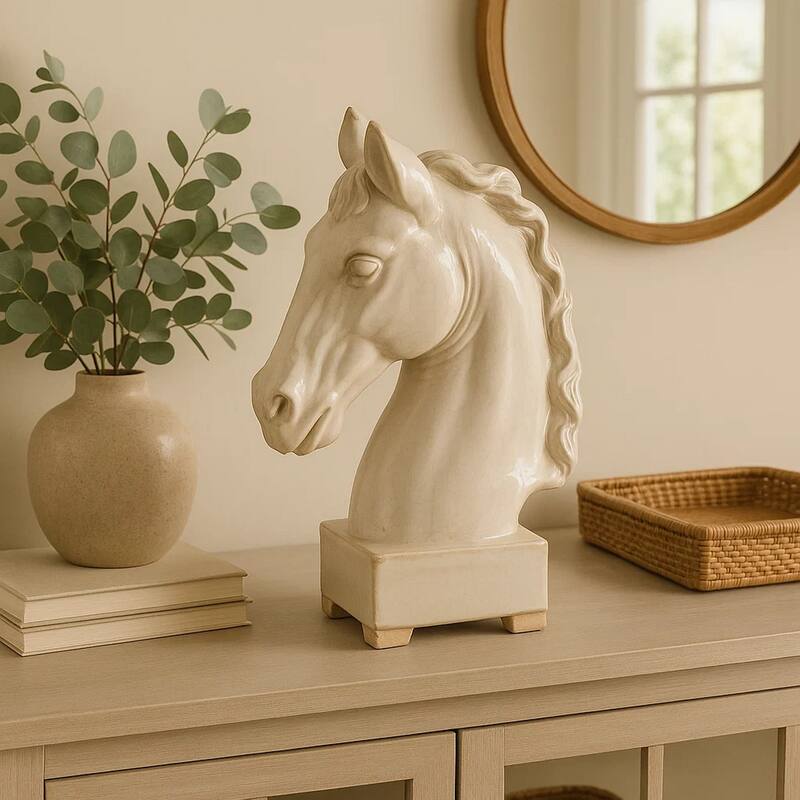 Transitional Style Ceramic Horse Head Decor Piece, Large, Beige