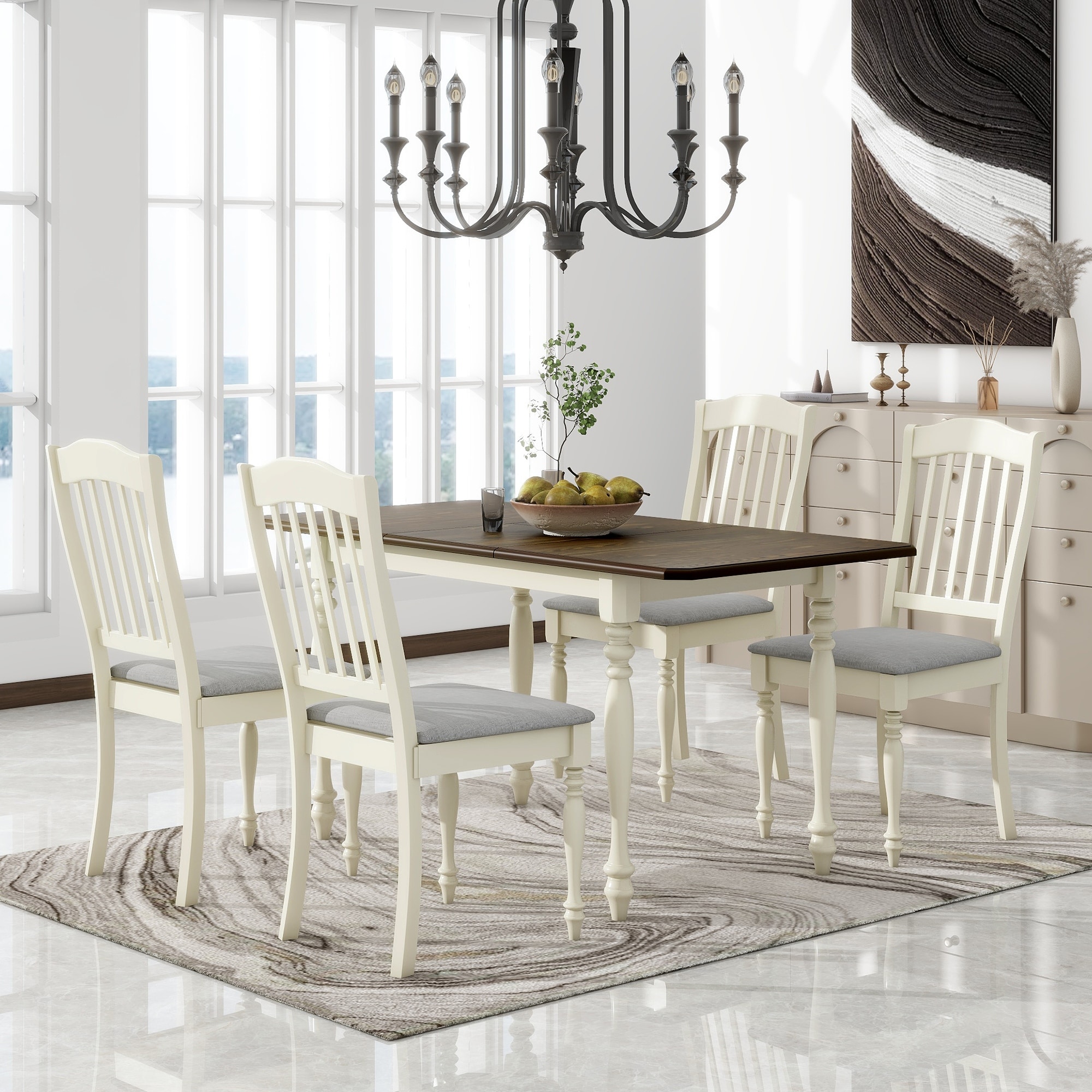 Wood Extendable Dining Table Set with 4 Upholstered Dining Chairs