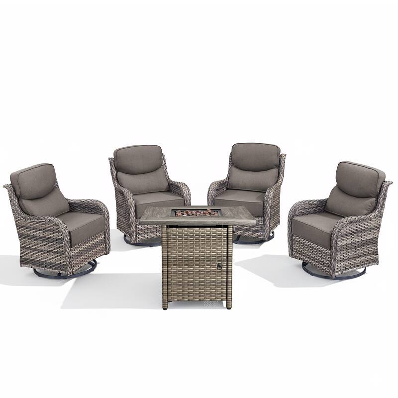 Arcadia 5-Piece Patio Conversation Set with 4 Swivel Glider Chairs and Wicker Square Fire Pit