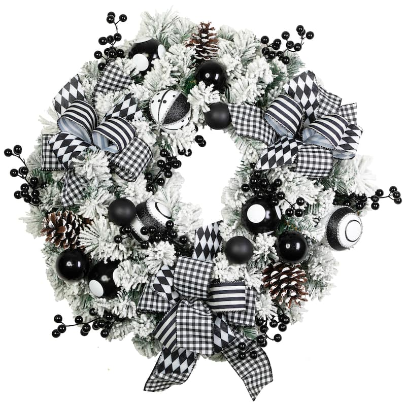 Flocked Pine with Harlequin Bows and Ornaments Christmas Wreath - 24" - Unlit