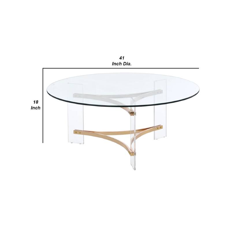 Hale 41 Inch Round Coffee Table, Glass Top, Acrylic Legs, Clear, Gold
