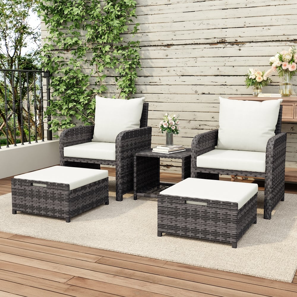 Patio 5 Pieces Rattan Cushioned Conversation Set With Ottoman Coffee Table