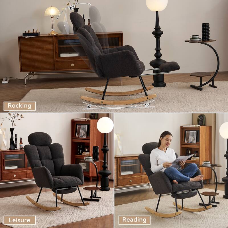 Teddy Fabric Upholstered Modern Nursery Rocking Chair with Footrest & High Backrest