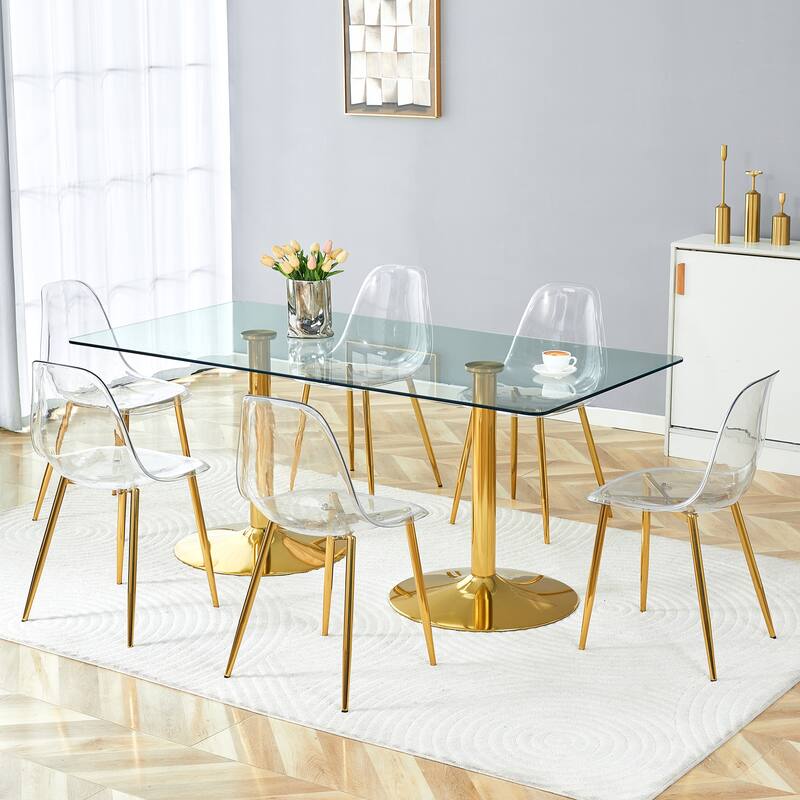 71" Dining Table Set for 6-8, Rectangular Kitchen Table with Transparent Plastic Chairs, Modern Glass Dining Room Table Set