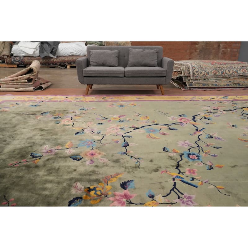Hand Knotted Oriental 100% Wool Carpet Traditional Floral Green Art Deco Area Rug - 17' 0'' X 11' 11''