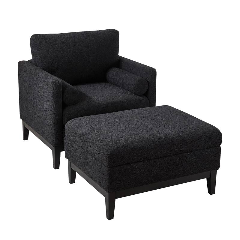 35" Farmhouse Style Boucle Single Sofa Accent Chair with Storage Footstool, Natural Wood Legs for Living Room, Office