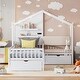 preview thumbnail 3 of 18, Versatility Twin Size House Bed with Upholstered Sofa, Wood Guardrail Bed with Shelves and Two Drawers, Charging Station Design