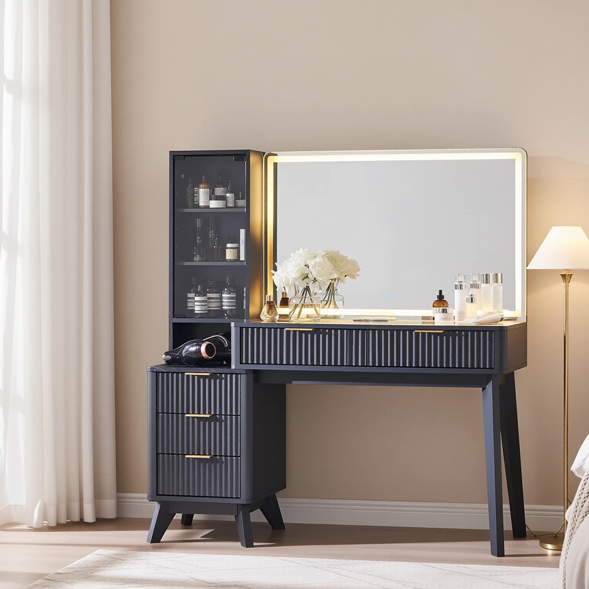 Modern Fluted Makeup Vanity Desk with Mirror, Lights, Charging Station
