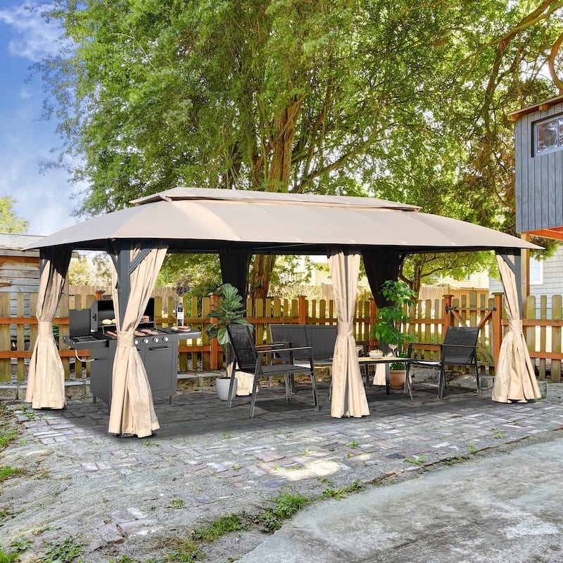 10x20FT Outdoor Gazebo with Double Roofs,Privacy Curtains,Mosquito Nettings,Heavy Duty Metal Frame Party Tent Canopy for Patio