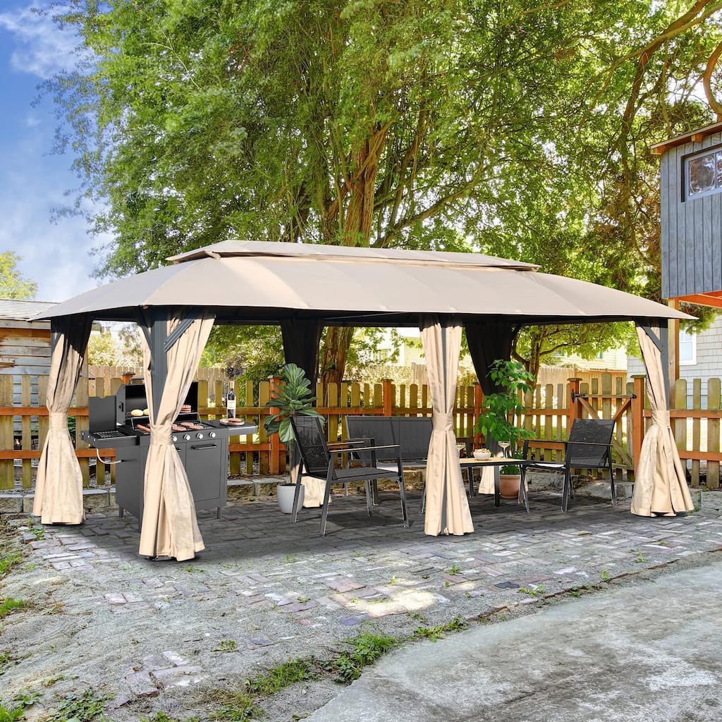 Double Roof Heavy Duty Metal Frame Gazebo with Privacy Curtains