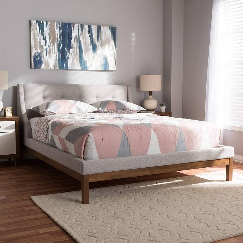 Full Platform Bed Grey Beige Upholstered Modern Bed Winged Headboard Walnut Frame