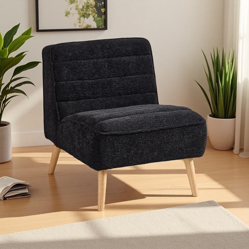 Chenille Armless Accent Chair with Rubber Wood Legs - Black