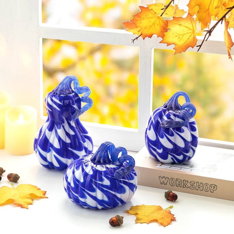 Glitzhome Fall Harvest Handblown Glass Pumpkins Set Thanksgiving Table Centerpieces - Set of 2-Blue/White