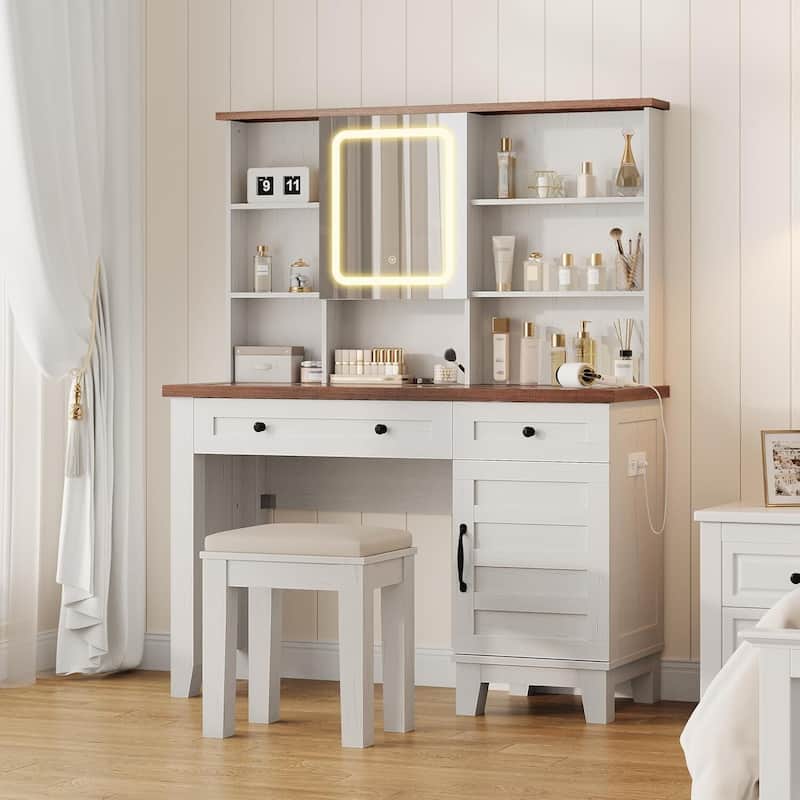 Farmhouse Makeup Vanity Desk with Stool, Mirror and Lights & Power Outlet - Multi