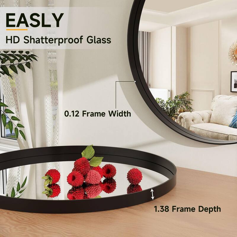 24 Inch Round Bathroom Mirror - Wall Mounted Circle Mirror with Metal Frame, Modern Mirror Suitable for Bathroom, Vanity - Black