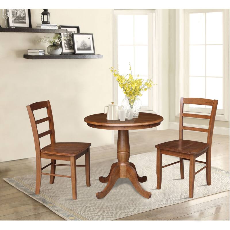 30" Round Pedestal Dining Table with 2 Madrid Ladderback Chairs - 3 Piece Dining Set - Distressed Oak