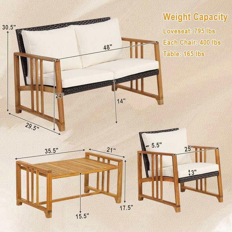 Costway 4PCS Patio Mix Brown Wicker Sofa Set Acacia Wood Frame with - See Details