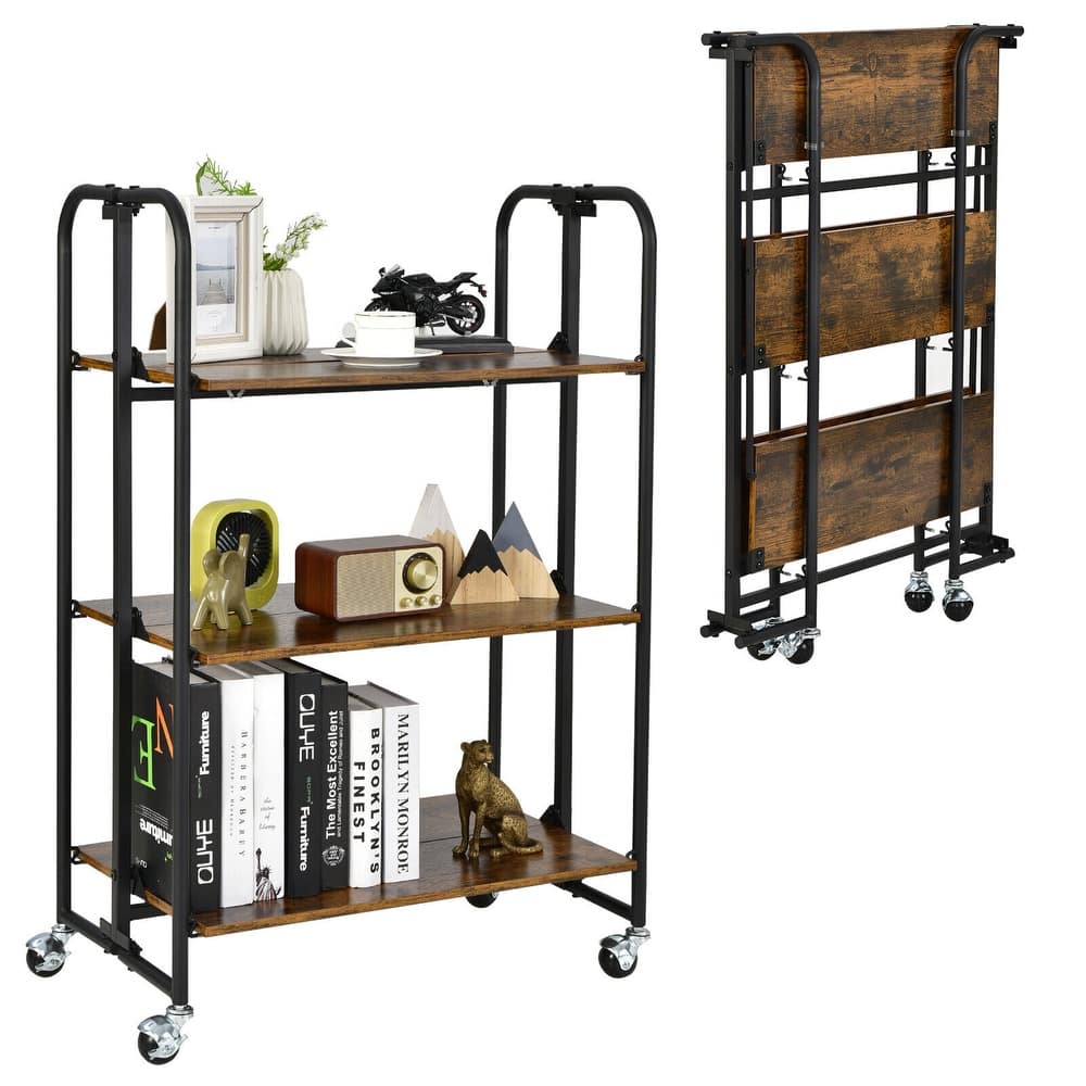 Gymax 3-Tier Folding Bar Cart Kitchen Serving Island Utility Cart