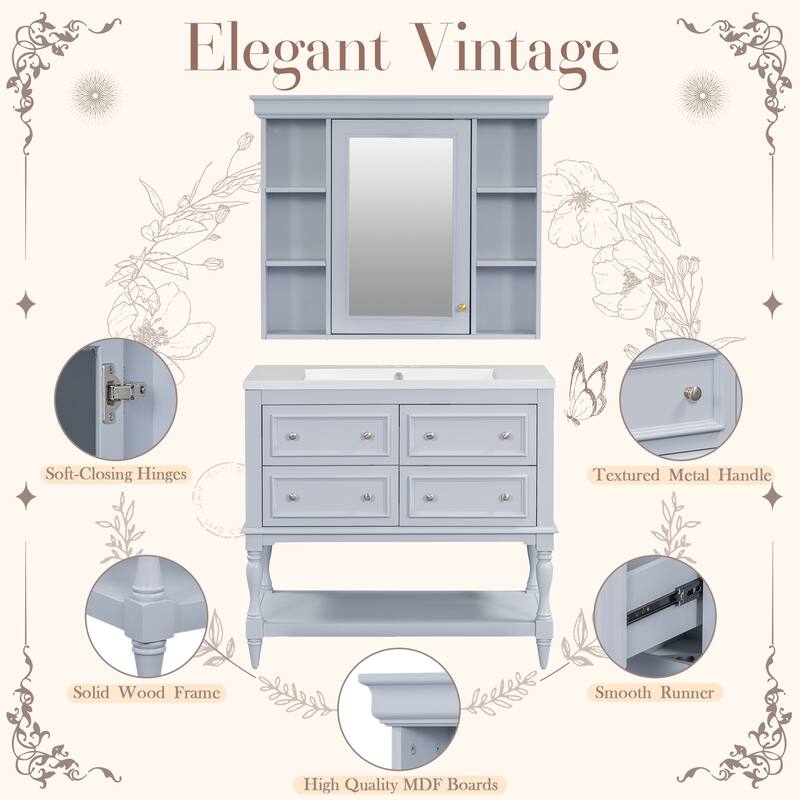 Modern Bathroom Vanity Set with Adjustable Shelf, 4 Drawers & Medicine Cabinet