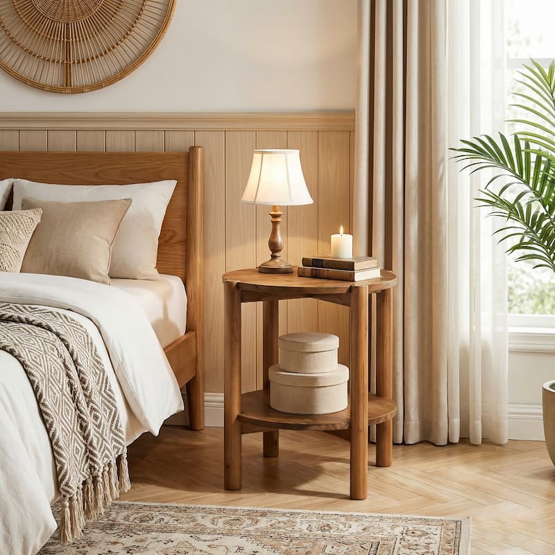 2 Tier Solid Wood Round Side Table, Farmhouse End Table with Storage Shelves