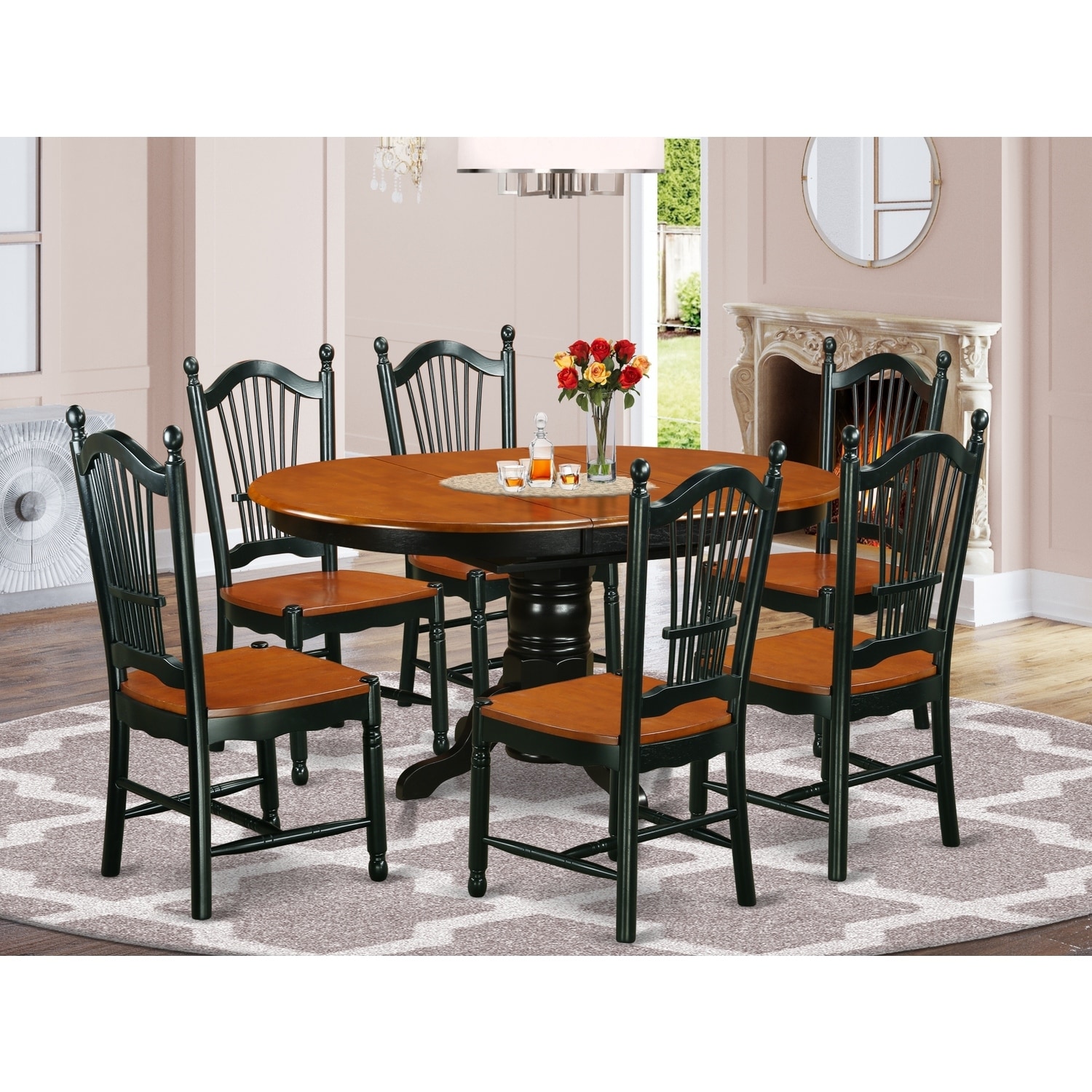 HomeStock 7-Piece Black and Cherry Finish Solid Wood Top Dining Table with 6 Chairs