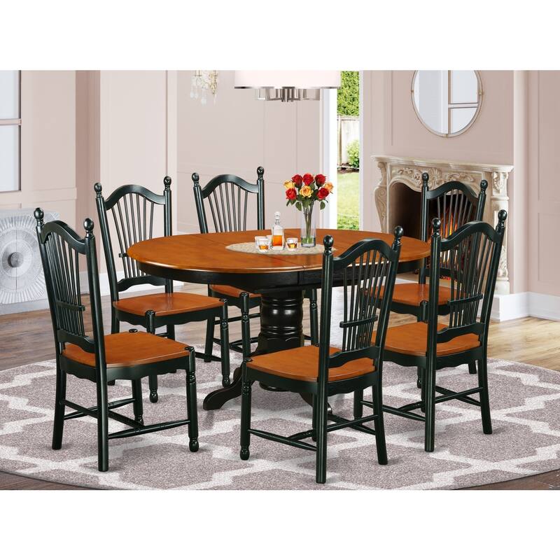 HomeStock 7-Piece Black and Cherry Finish Solid Wood Top Dining Table with 6 Chairs with Lattice Back