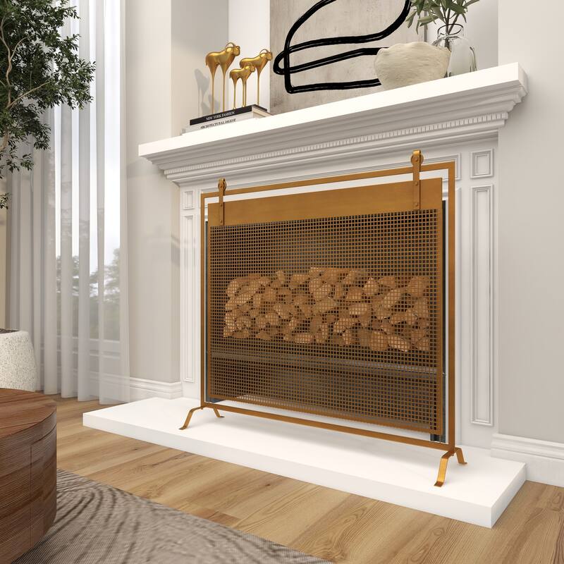 Copper Metal Suspended Grid Style Netting Single Panel Fireplace Screen with Bolted Detailing