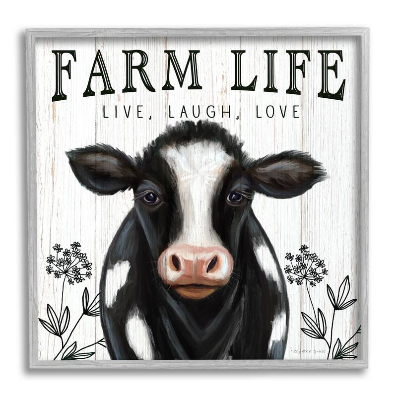 Stupell Farm Life Dairy Cow Sign Wildflower Florals Framed Wall Art - Black
