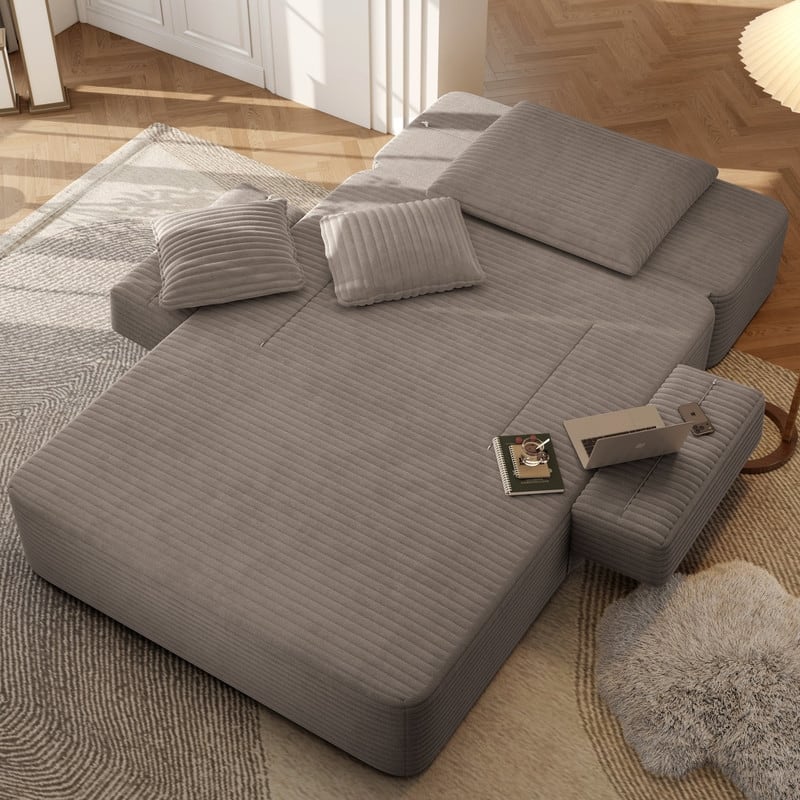 Luxurious Plush Corduroy Chaise Lounge Convertible Sofa Bed with Storage Pocket and Wide Armrests