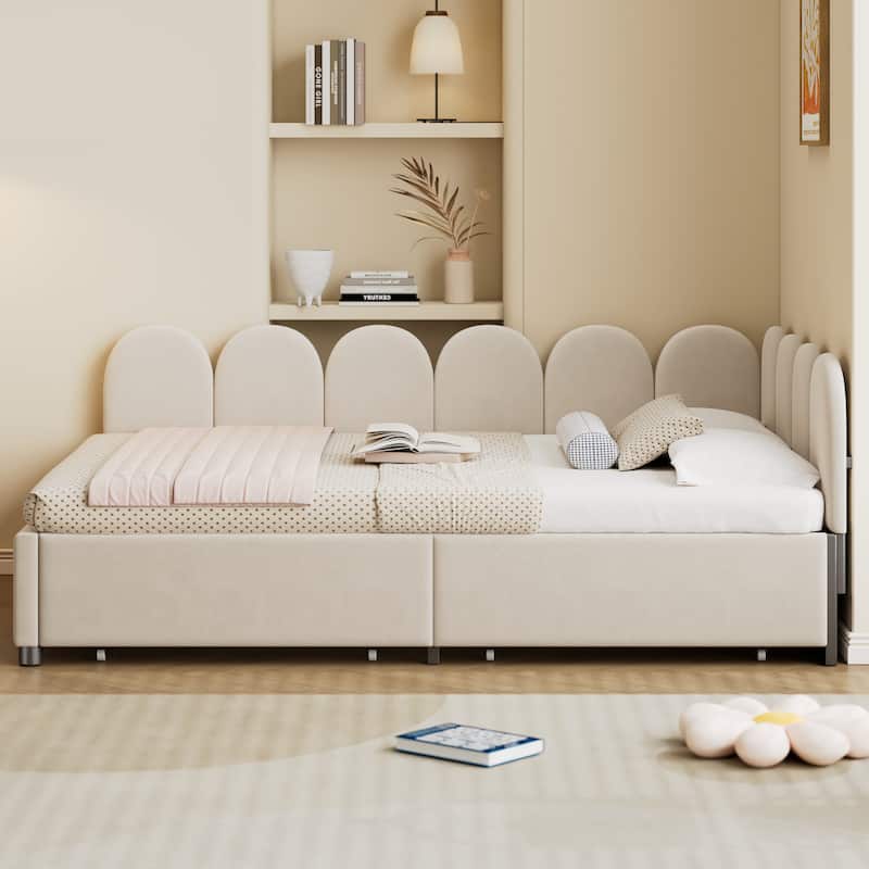 Full Size Velvet Upholstered Daybed with 2 Drawers and Soft Fabric Headboard for Bedroom