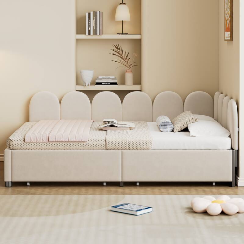 L-Shape Garden Backrest Daybed, Velvet Upholstered Sofabed with 2 Drawers, Soft Fabric Headboard Platform Bed Frame - Beige - Full