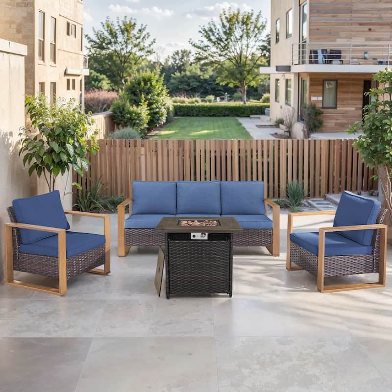 Pocassy Outdoor Fire Pit with 3-Seat Sofa Club Chairs Patio Furniture Set - Brown Wicker Blue Cushion - 4-Piece Sofa Patio Chair with Fire Table