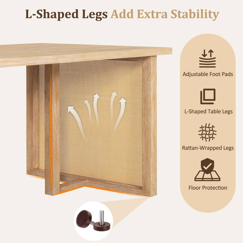 7-Piece Wood Dining Table Set, Rectangular Dining Table Set with 6 Rattan Chairs, Kitchen Dining Table & Chair Set for 6