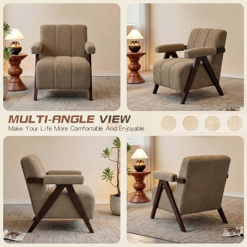 Mid Century Modern Accent Chair, Solid Wood Upholstered Armchair with Wide Backrest and Thick Cushion