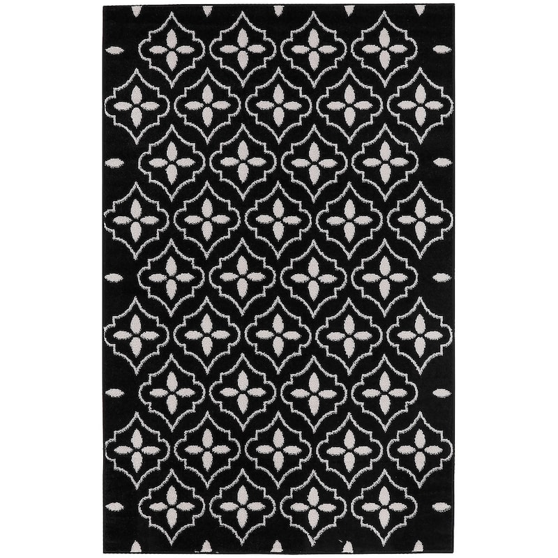 Nourison Sandy Indoor / Outdoor Blue Moroccan Area Rug - 4' x 6' - Black/Ivory