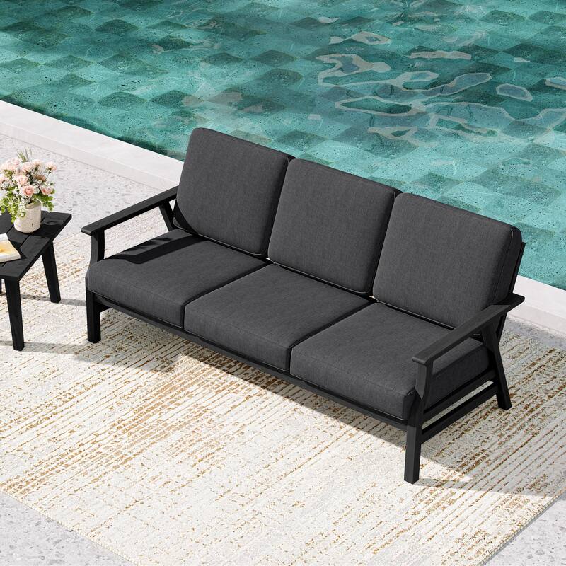 Teak Frame Outdoor Loveseat Daybed with Water-Resistant Cushions. - Dark Grey/Daybed - Black Wood