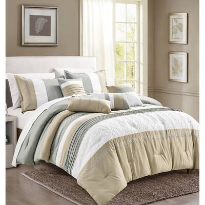 7 Piece Comforter Set Beige White Grey Striped Soft Bedding