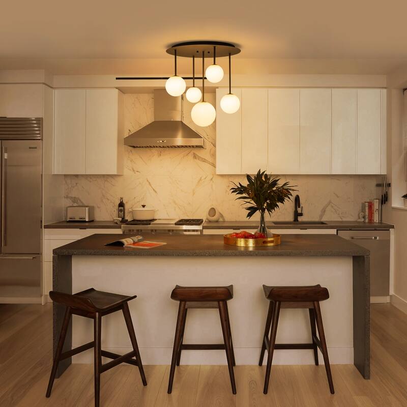 5 Light Branch Semi-Flush Mount Lighting with Milky White Glass Globes