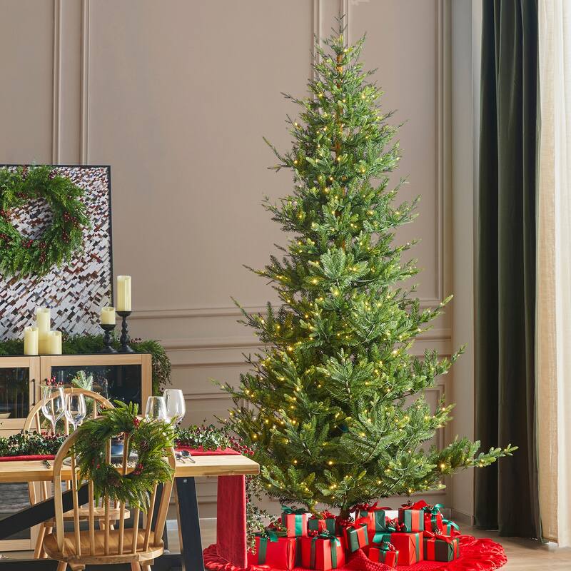 Glitzhome 7.5ft/9ft Pre-Lit Green Upward Slim Fir Artificial Christmas Tree with Foot Pedal Remote Control