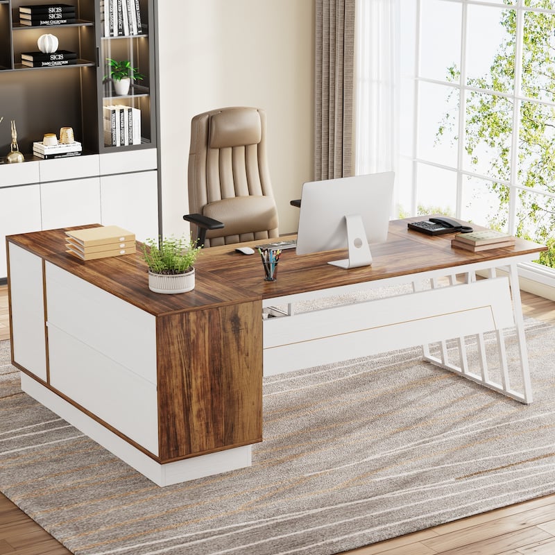 71 Inch Modern Executive Desk, L-Shaped Desk with Cabinet,Brown and White
