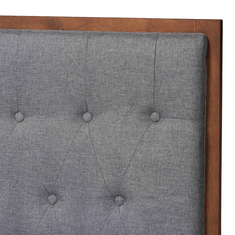 Dericia Classic and Traditional Grey Fabric and Walnut Brown Finished Wood Platform Bed