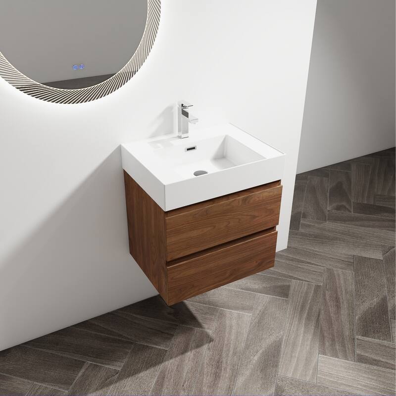 24/30/36 Single Sink Wall-Mounted Bathroom Vanity with Integrated Thick Edge Resin Sink