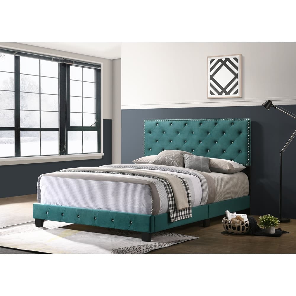 Suffolk Velvet Upholstered Jewel Accent Tufted Nailhead Panel Bed