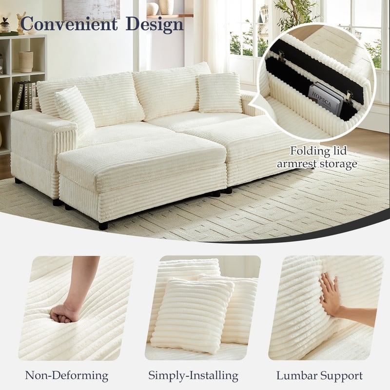 Mixoy 85‘’Corduroy Loveseat Chaise Lounge with Storage Ottoman&Armrests,Upholstered 2-Seater Sleeper Reclining Chair Indoor
