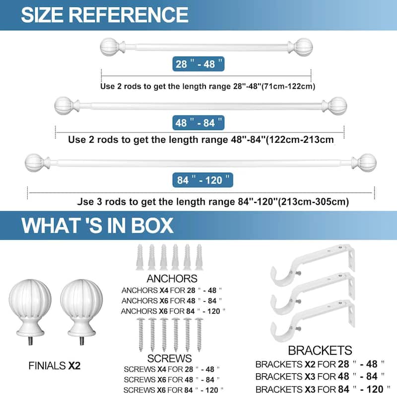 1-inch Diameter Fluted Ball Adjustable Single Drapery Curtain Rod