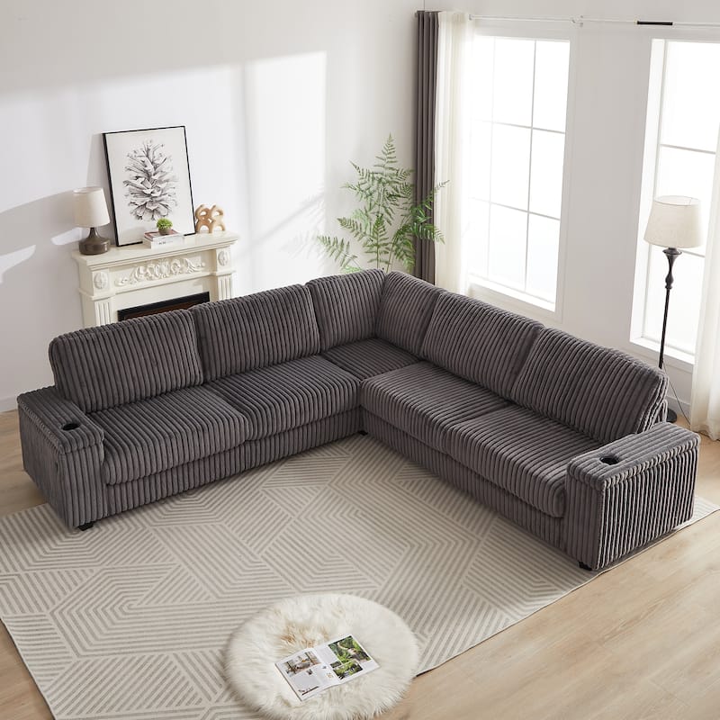 Dark Grey 110" Oversized Corduroy L-Shaped Corner Sectional Sofa with Storage Armrest, Cup Holder, USB & Type-C Ports