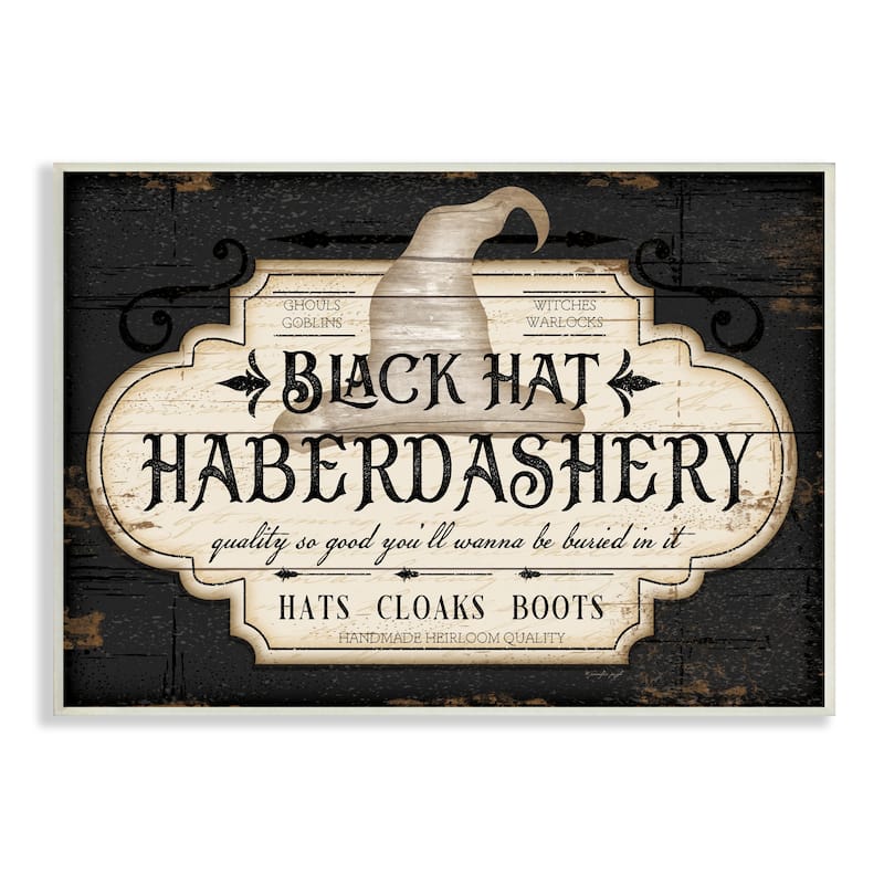 Stupell Black Hat Haberdashery Halloween Sign Spooky Heirloom Quality Wood Wall Art - 15 x 10
