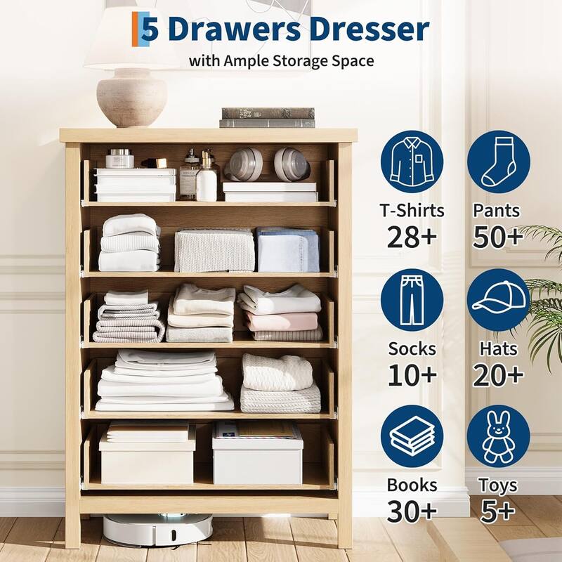 Modern Fluted Dresser with 5 Storage Drawers, Organizer Cabinet for Living Room, Bedroom