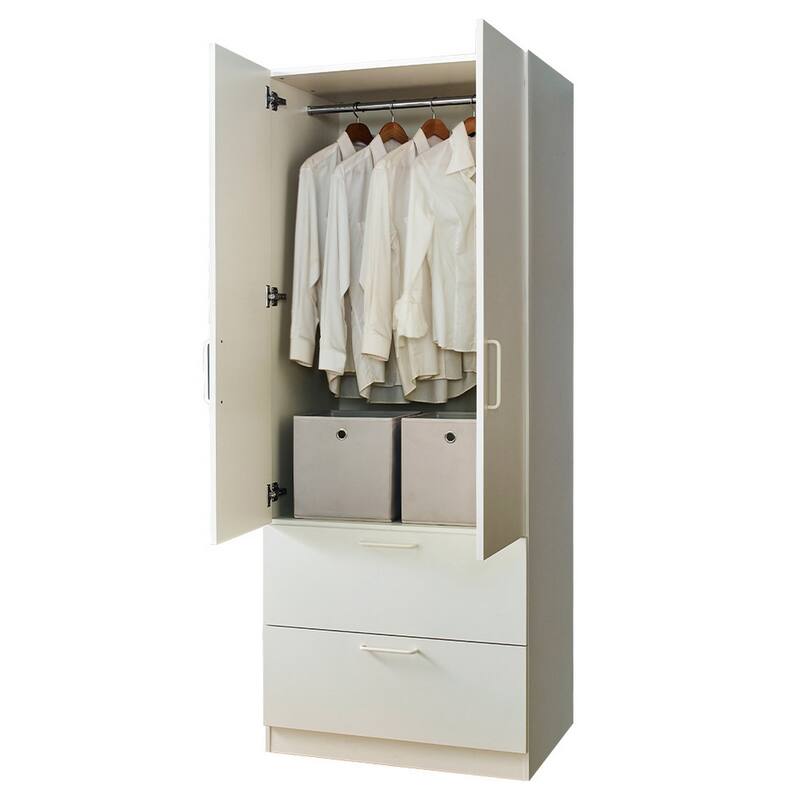 Rema 2 Door Standing Closet with 2 Drawers, Chrome Hanging Bars, White Wood